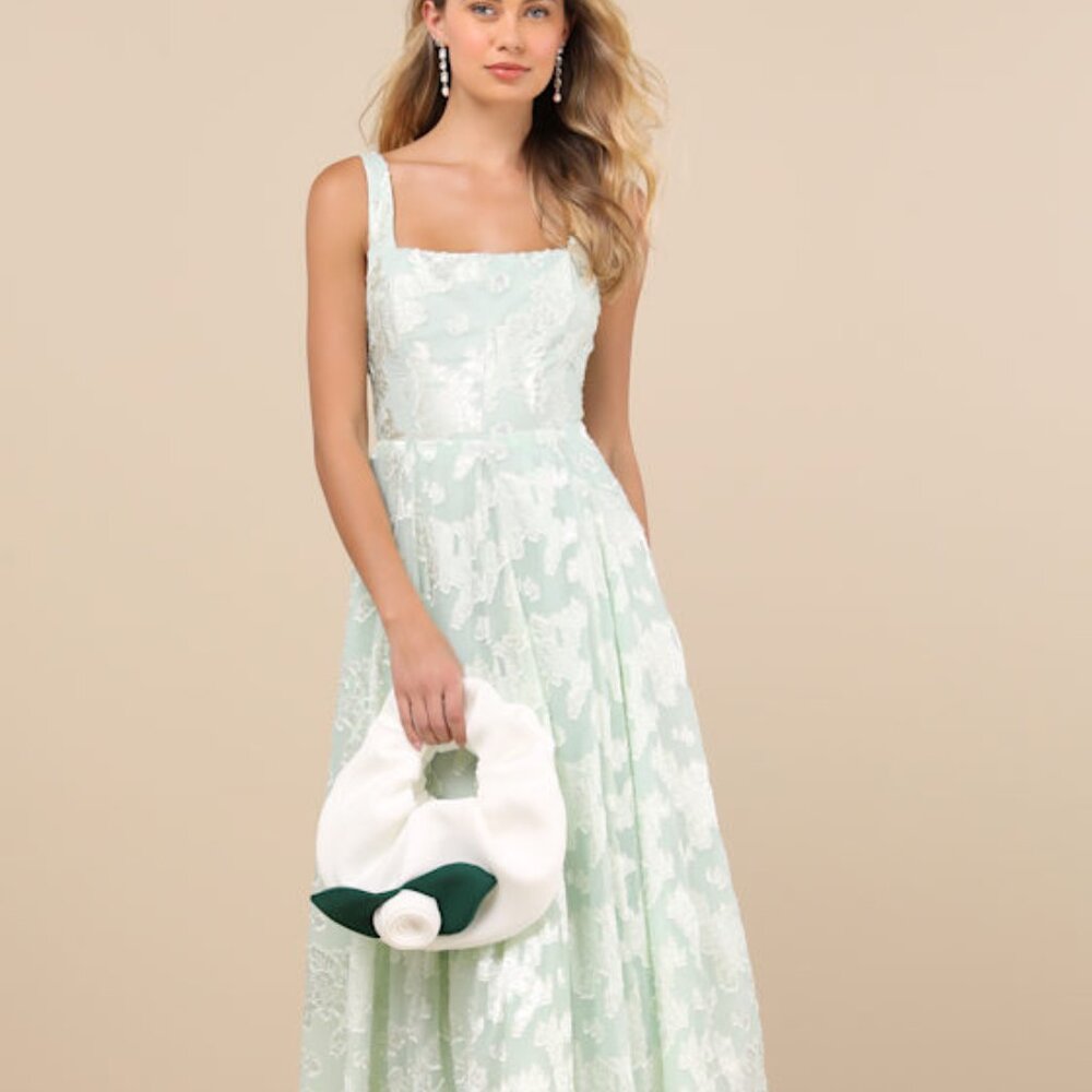 Lulus Loira Mint Burnout Jacquard Lace-up Midi Dress Green - Size M